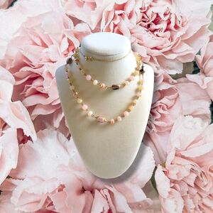 Elegant Long Pink Natural Stone Bead Necklace & Persimmon Pink Earrings Set